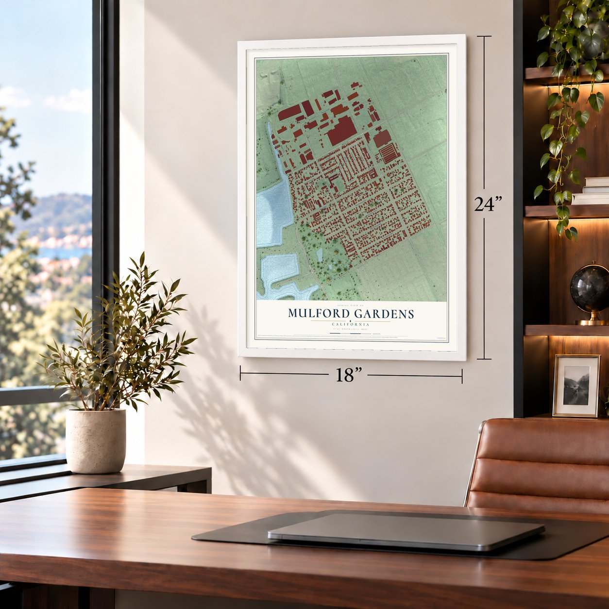 Mulford Gardens, California map, 18 x 24 inch print in a white frame in a home office
