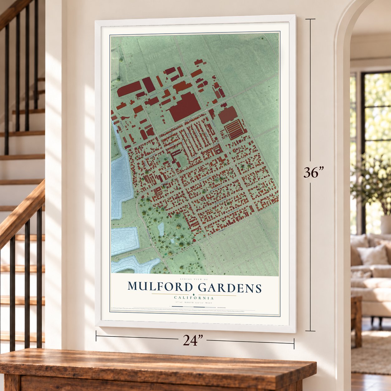 Mulford Gardens, California map, 24 x 36 inch print in a white frame by a staircase