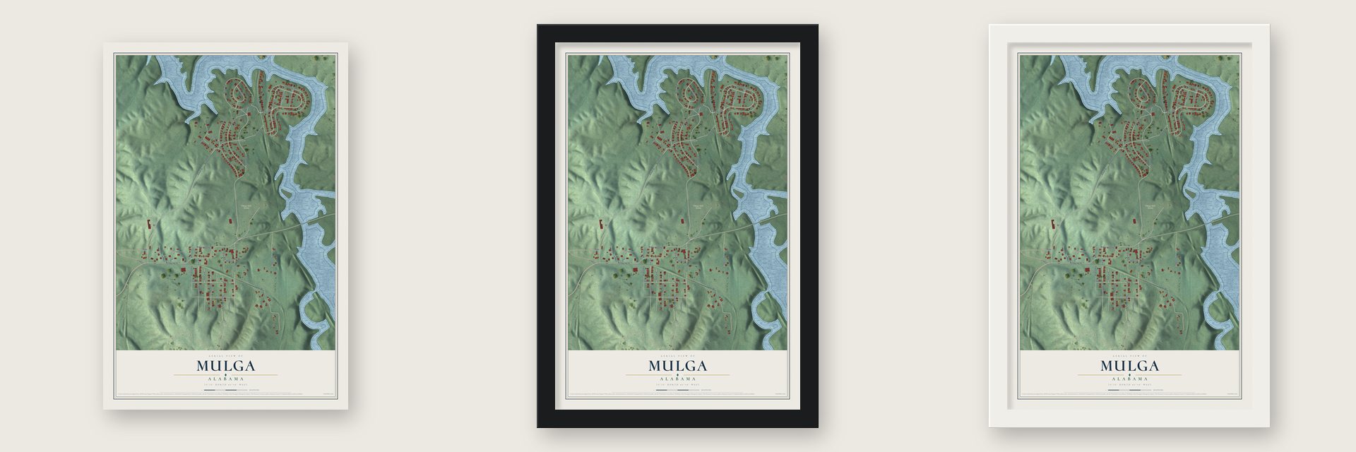 Mulga, Alabama map unframed, in a black wood frame and in a white wood frame