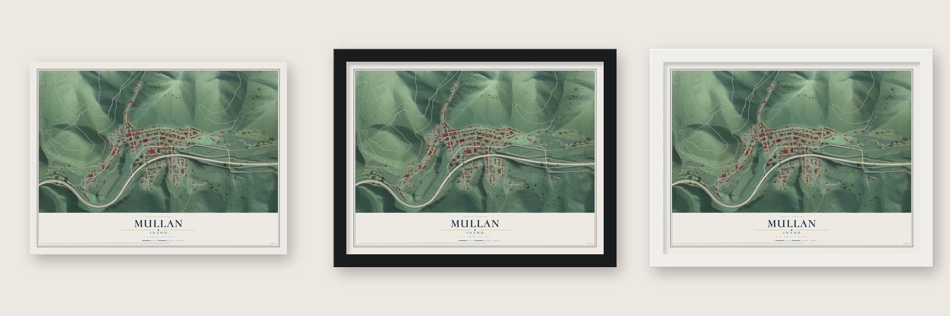Mullan, Idaho map unframed, in a black wood frame and in a white wood frame