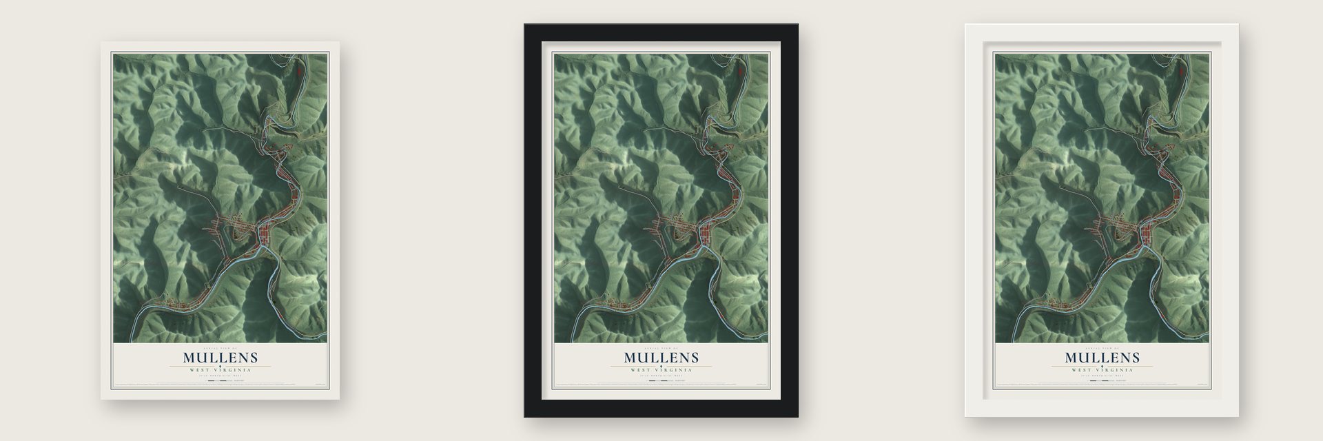 Mullens, West Virginia map unframed, in a black wood frame and in a white wood frame