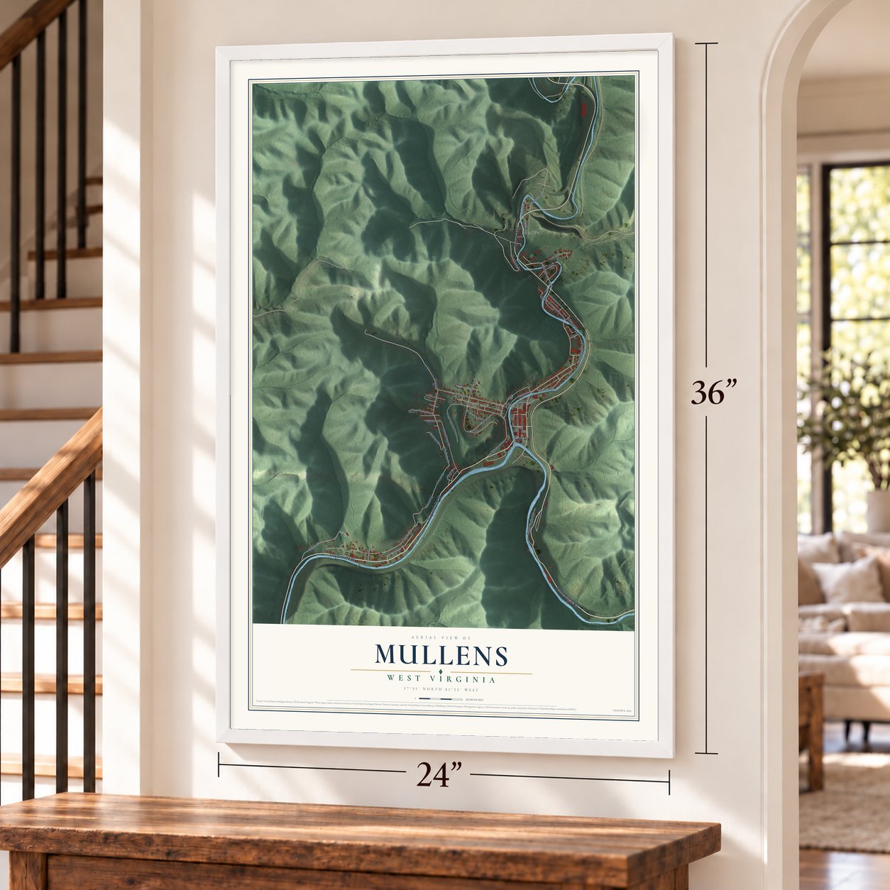 Mullens, West Virginia map, 24 x 36 inch print in a white frame by a staircase
