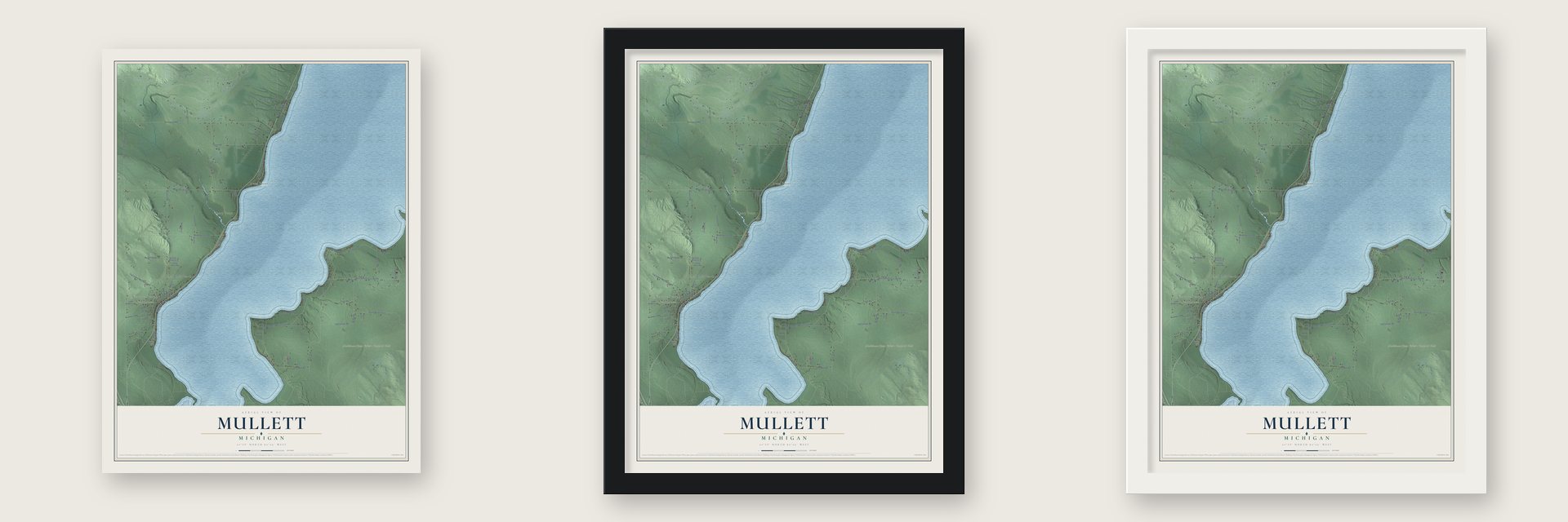 Mullett, Michigan map unframed, in a black wood frame and in a white wood frame