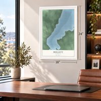 Mullett, Michigan map, 18 x 24 inch print in a white frame in a home office