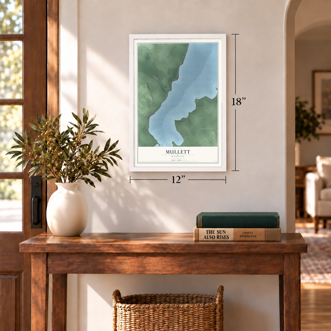 Mullett, Michigan map, 12 x 18 inch print in a white frame in an entryway