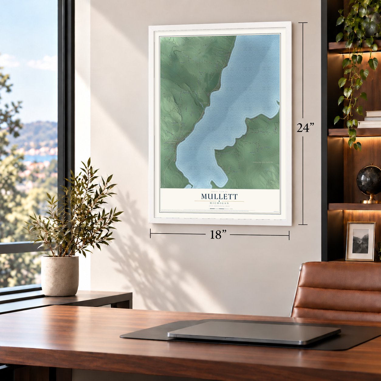 Mullett, Michigan map, 18 x 24 inch print in a white frame in a home office