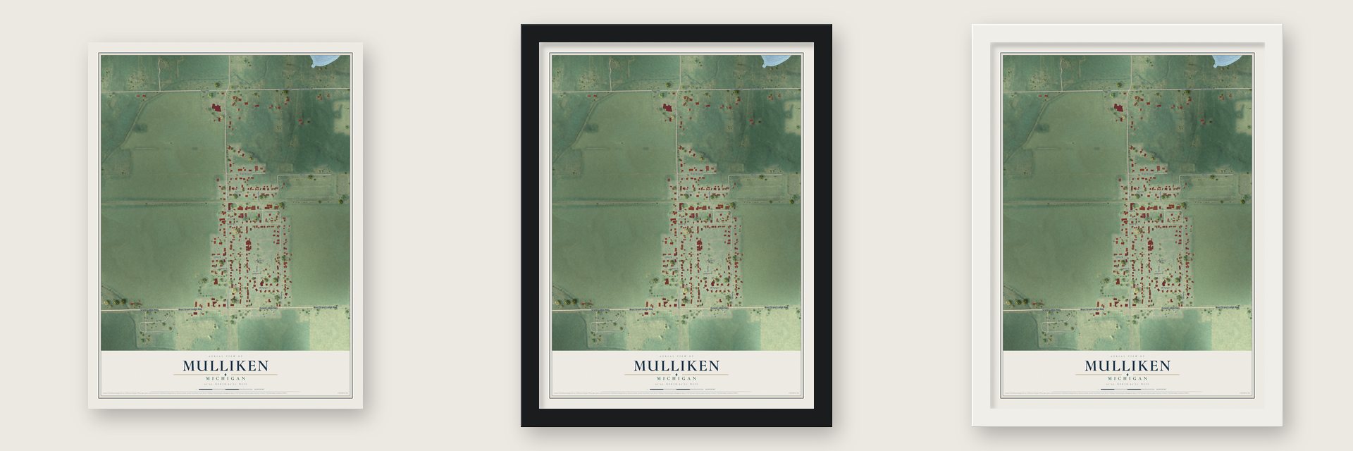 Mulliken, Michigan map unframed, in a black wood frame and in a white wood frame