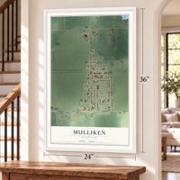 Mulliken, Michigan map, 24 x 36 inch print in a white frame by a staircase