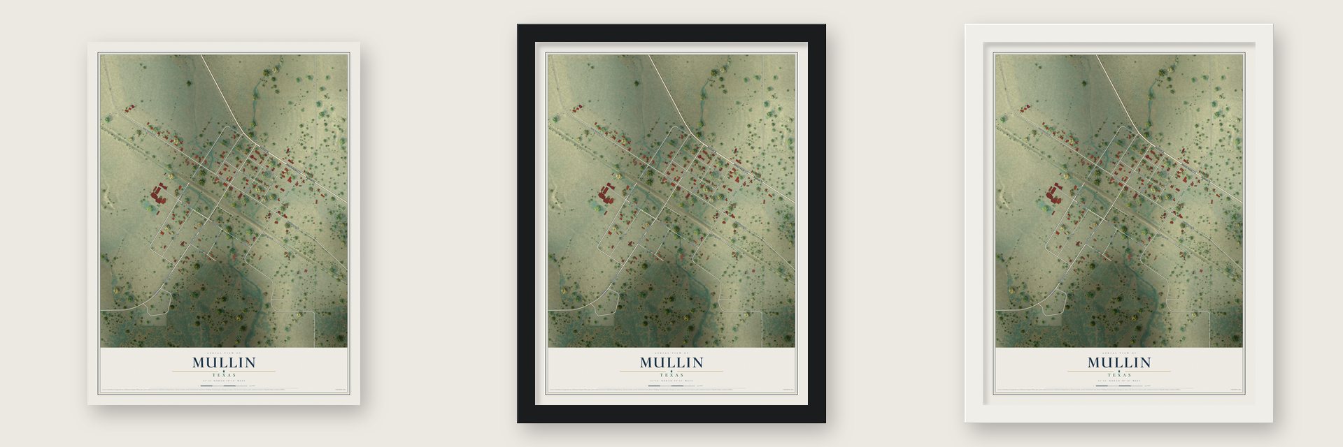 Mullin, Texas map unframed, in a black wood frame and in a white wood frame