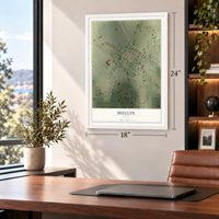 Mullin, Texas map, 18 x 24 inch print in a white frame in a home office