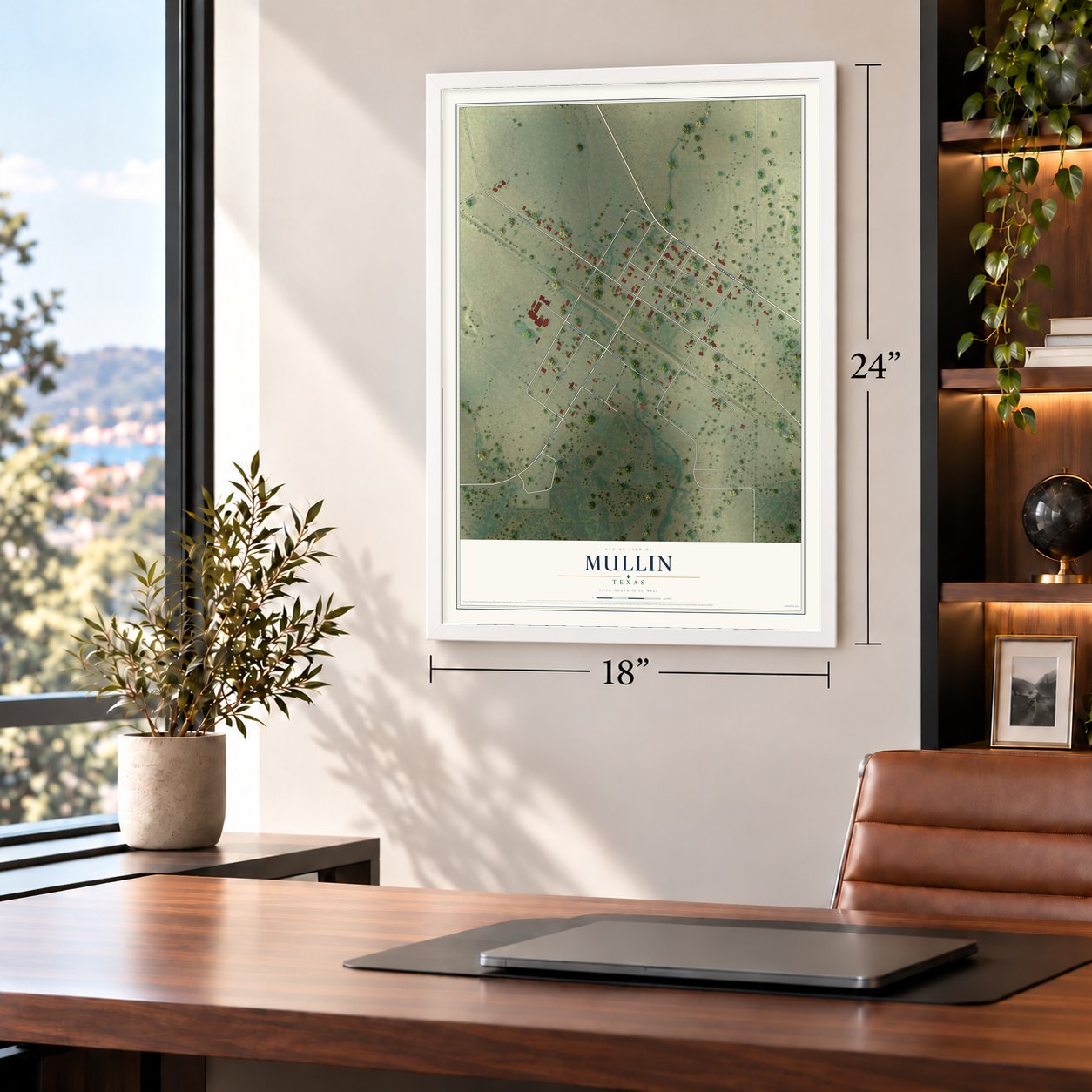Mullin, Texas map, 18 x 24 inch print in a white frame in a home office