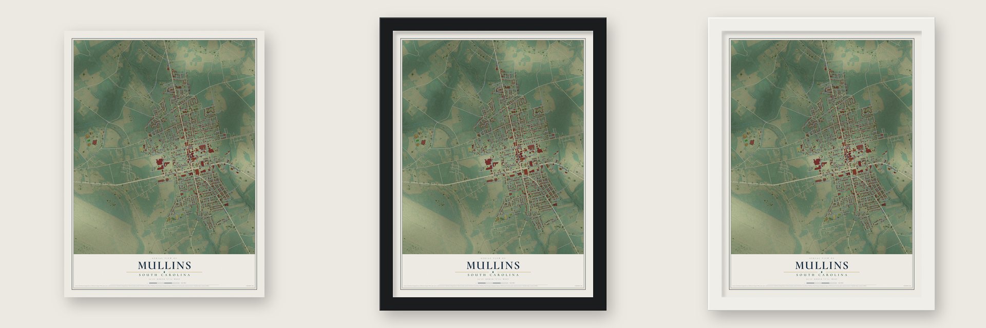 Mullins, South Carolina map unframed, in a black wood frame and in a white wood frame