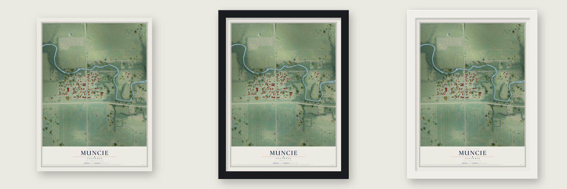 Muncie, Illinois map unframed, in a black wood frame and in a white wood frame
