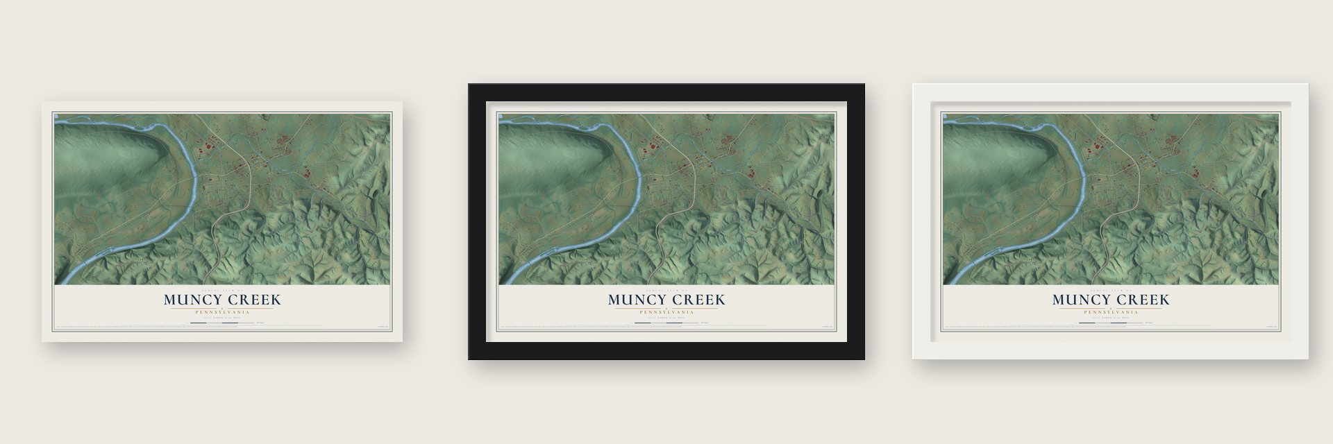 Muncy Creek, Pennsylvania map unframed, in a black wood frame and in a white wood frame