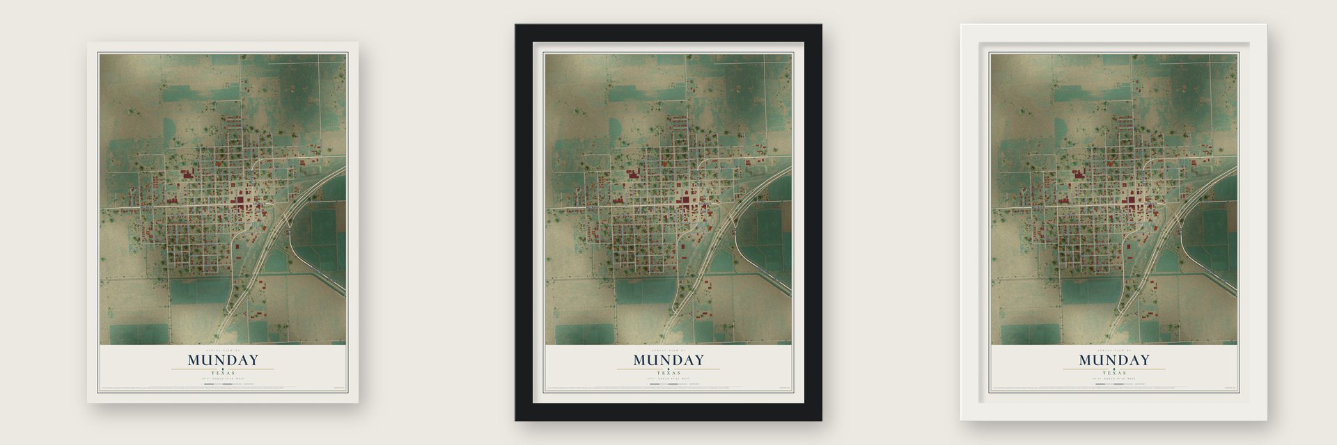 Munday, Texas map unframed, in a black wood frame and in a white wood frame