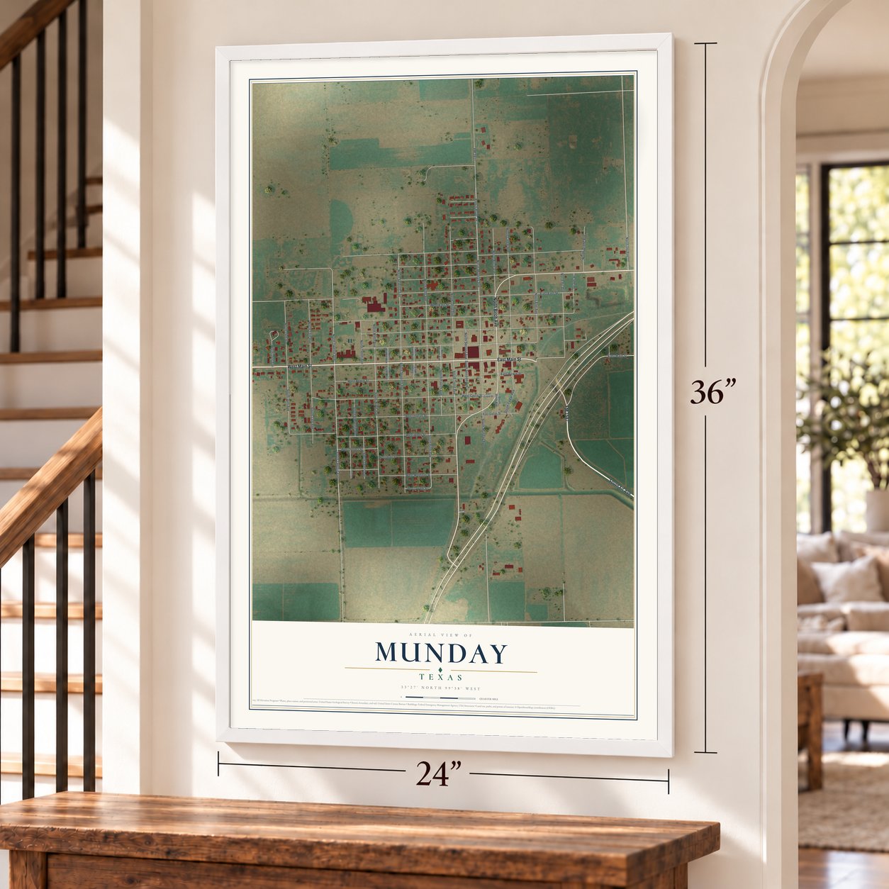 Munday, Texas map, 24 x 36 inch print in a white frame by a staircase