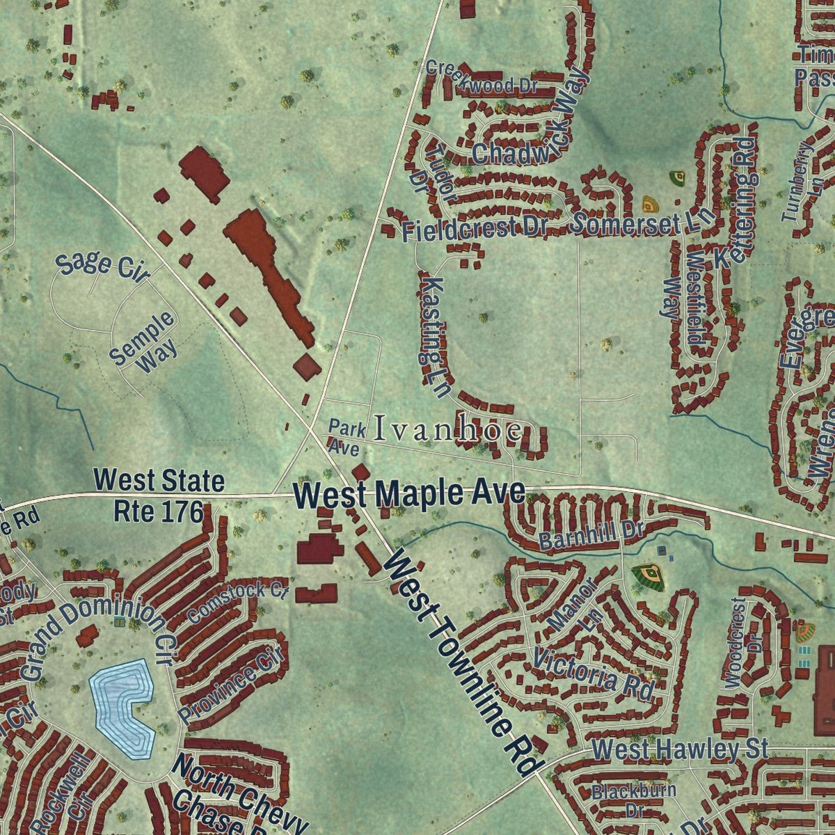 Second close-up of the map of Mundelein, Illinois print showing more streets and buildings