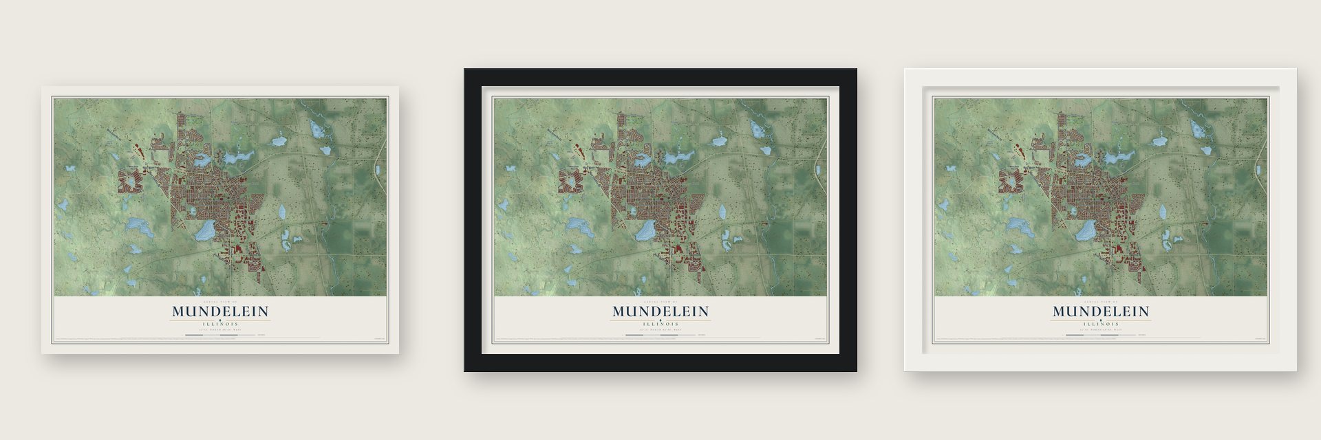 Mundelein, Illinois map unframed, in a black wood frame and in a white wood frame