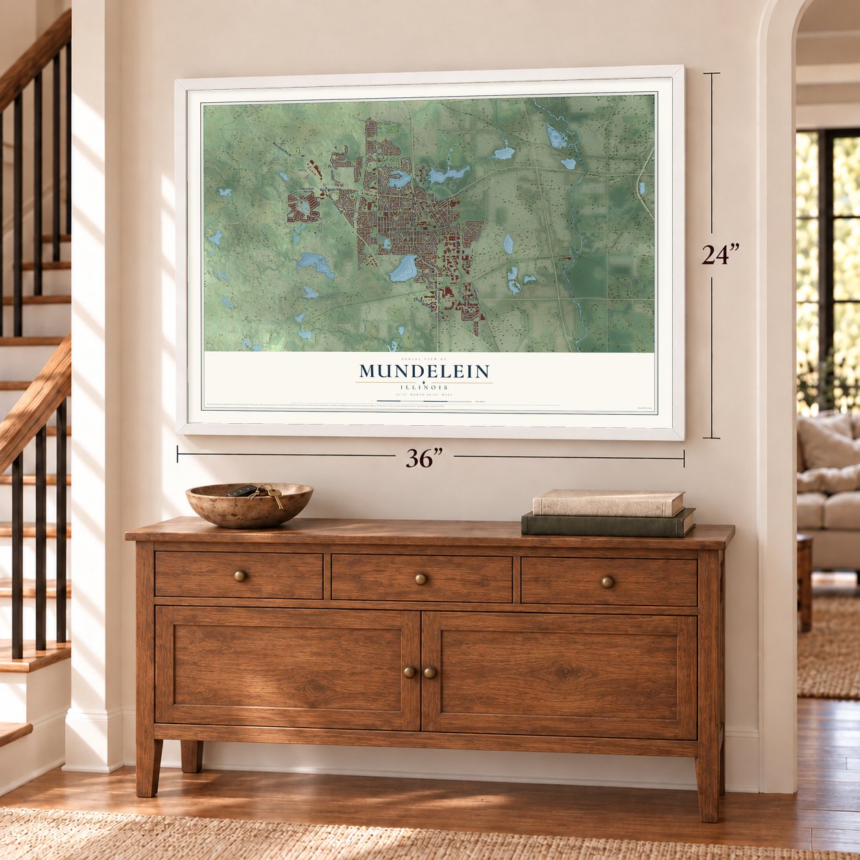 Mundelein, Illinois map, 24 x 36 inch print in a white frame above a dresser by a staircase