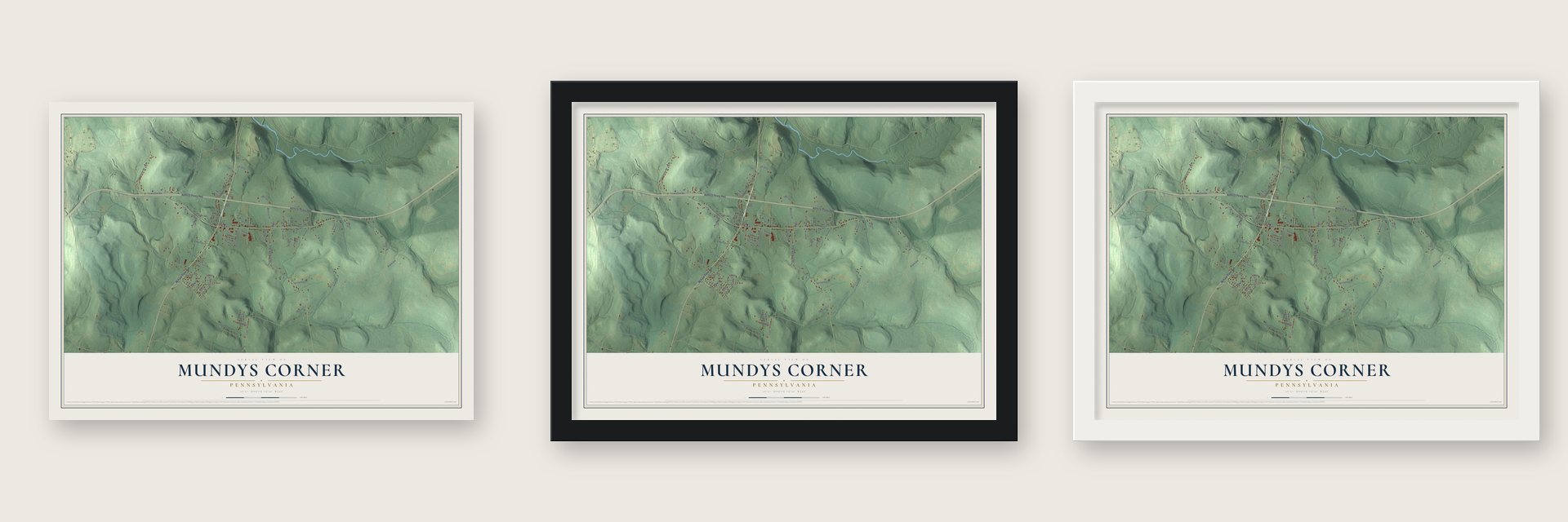 Mundys Corner, Pennsylvania map unframed, in a black wood frame and in a white wood frame