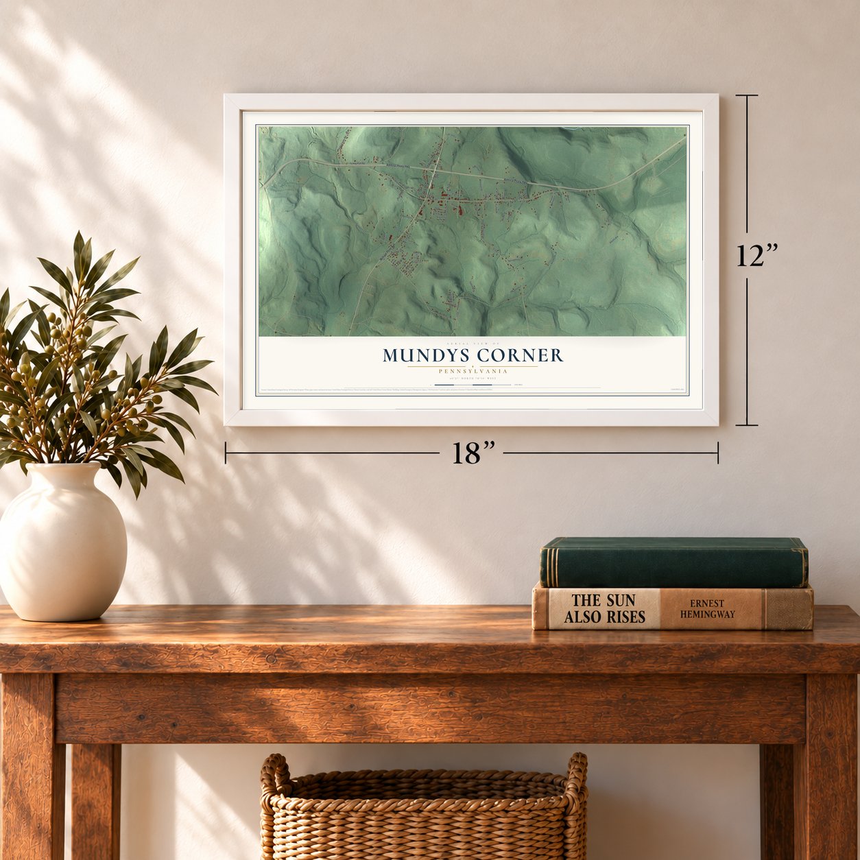 Mundys Corner, Pennsylvania map, 12 x 18 inch print in a white frame in an entryway