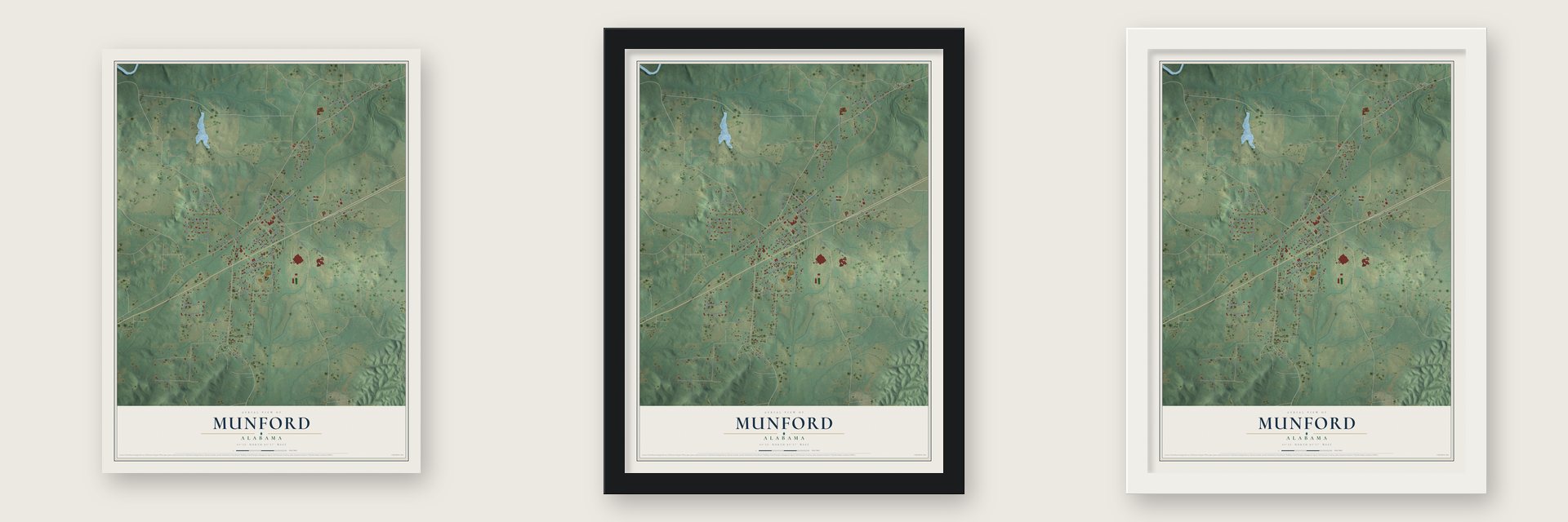 Munford, Alabama map unframed, in a black wood frame and in a white wood frame