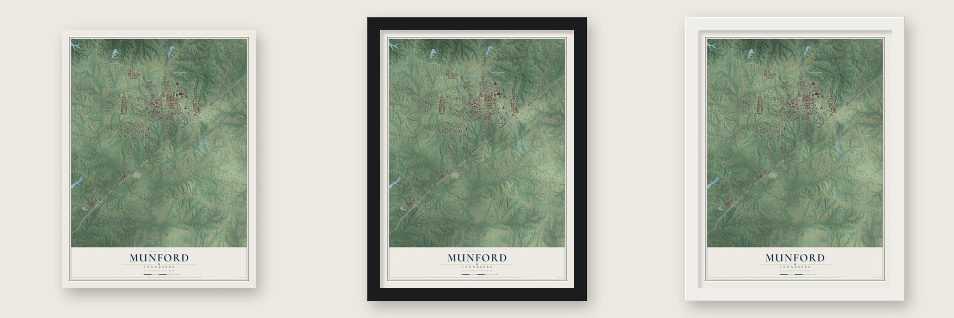 Munford, Tennessee map unframed, in a black wood frame and in a white wood frame