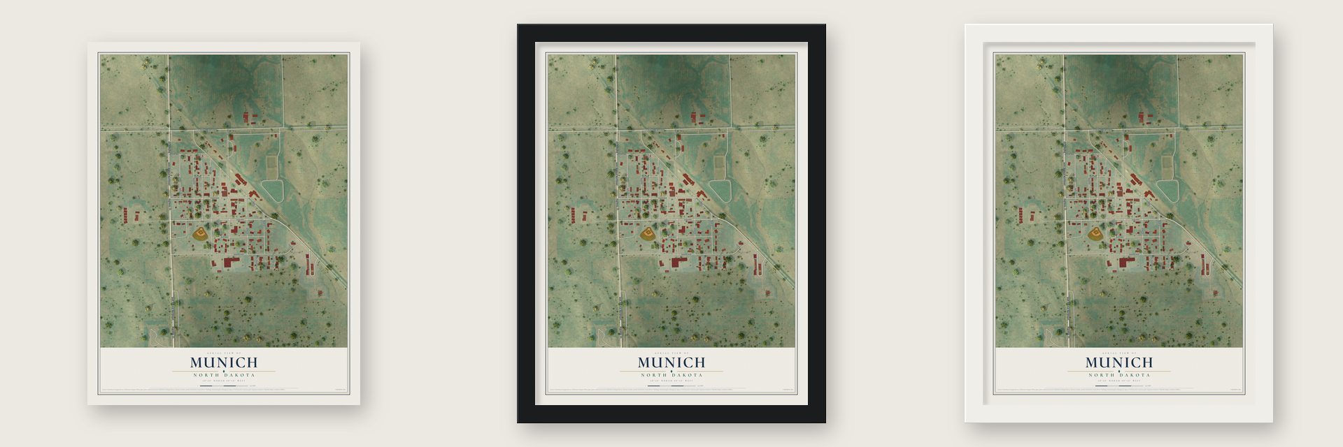 Munich, North Dakota map unframed, in a black wood frame and in a white wood frame
