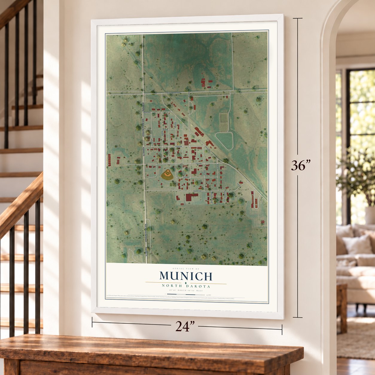 Munich, North Dakota map, 24 x 36 inch print in a white frame by a staircase