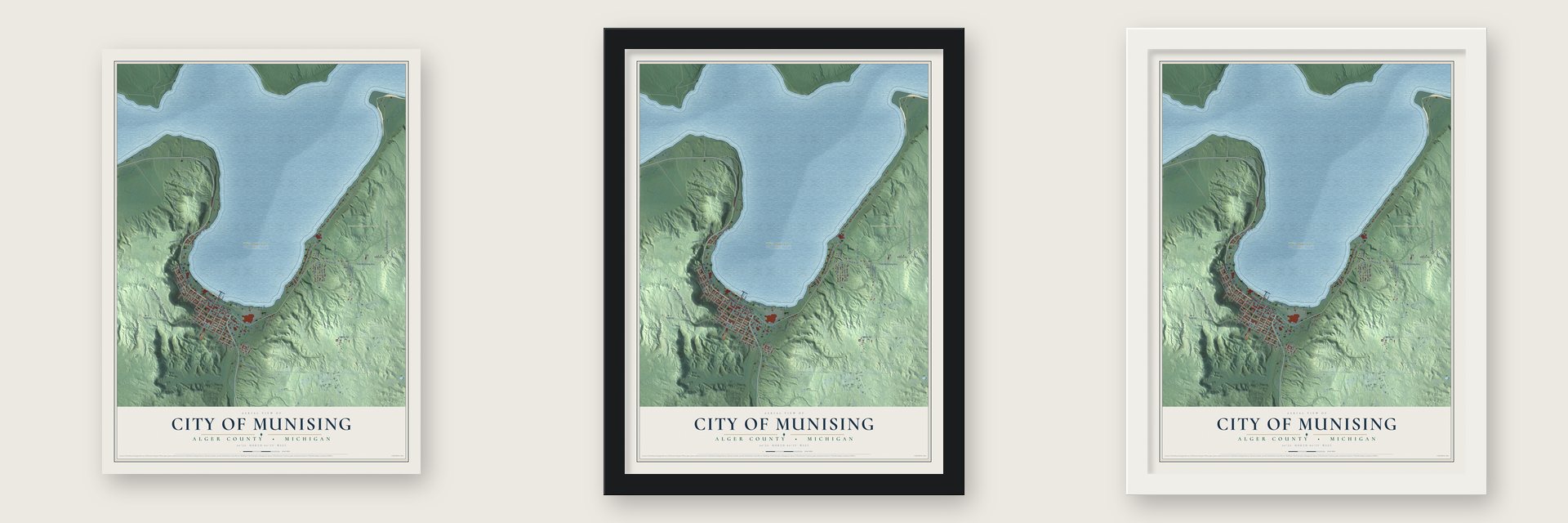 Munising, Michigan map unframed, in a black wood frame and in a white wood frame