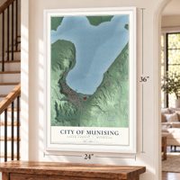 Munising, Michigan map, 24 x 36 inch print in a white frame by a staircase