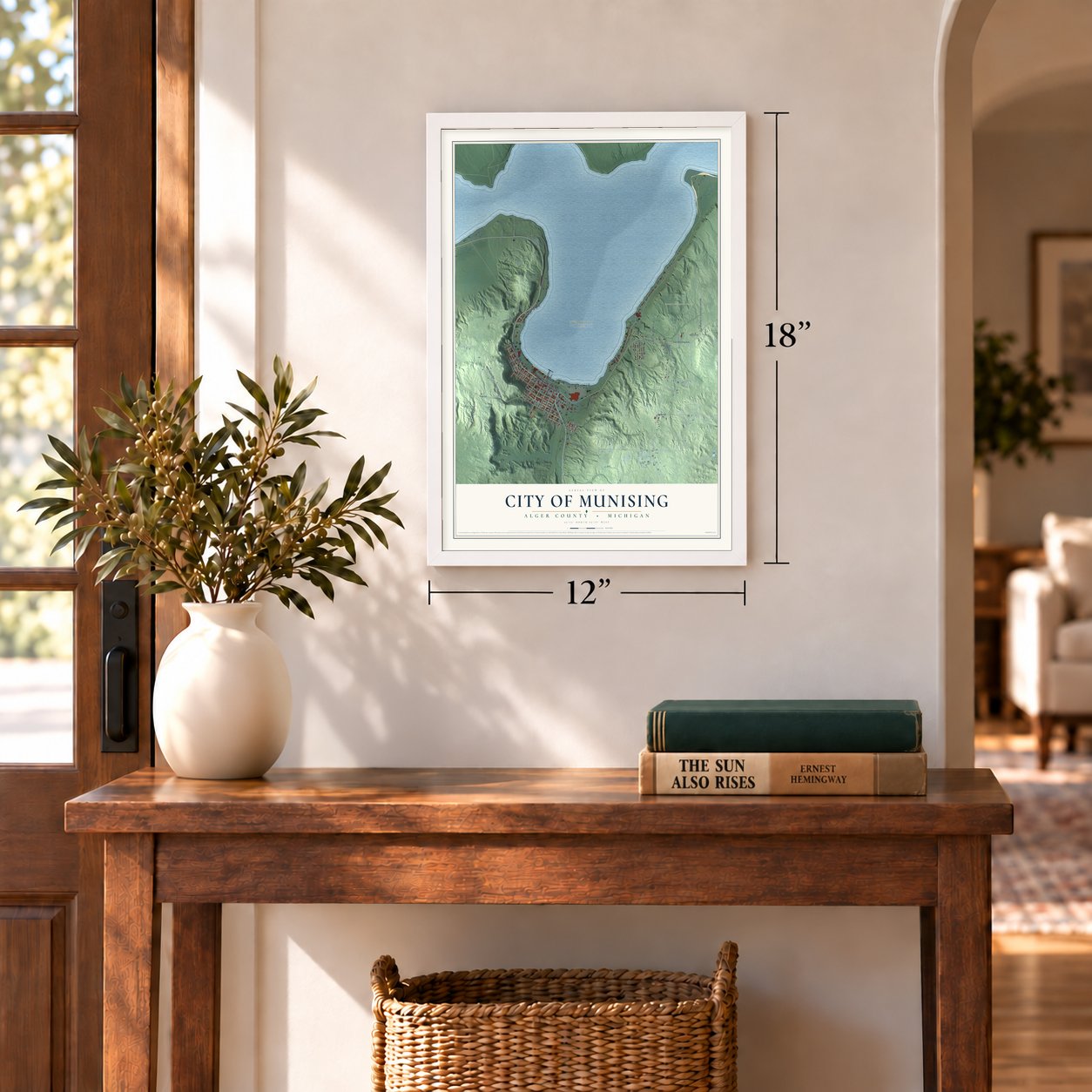 Munising, Michigan map, 12 x 18 inch print in a white frame in an entryway