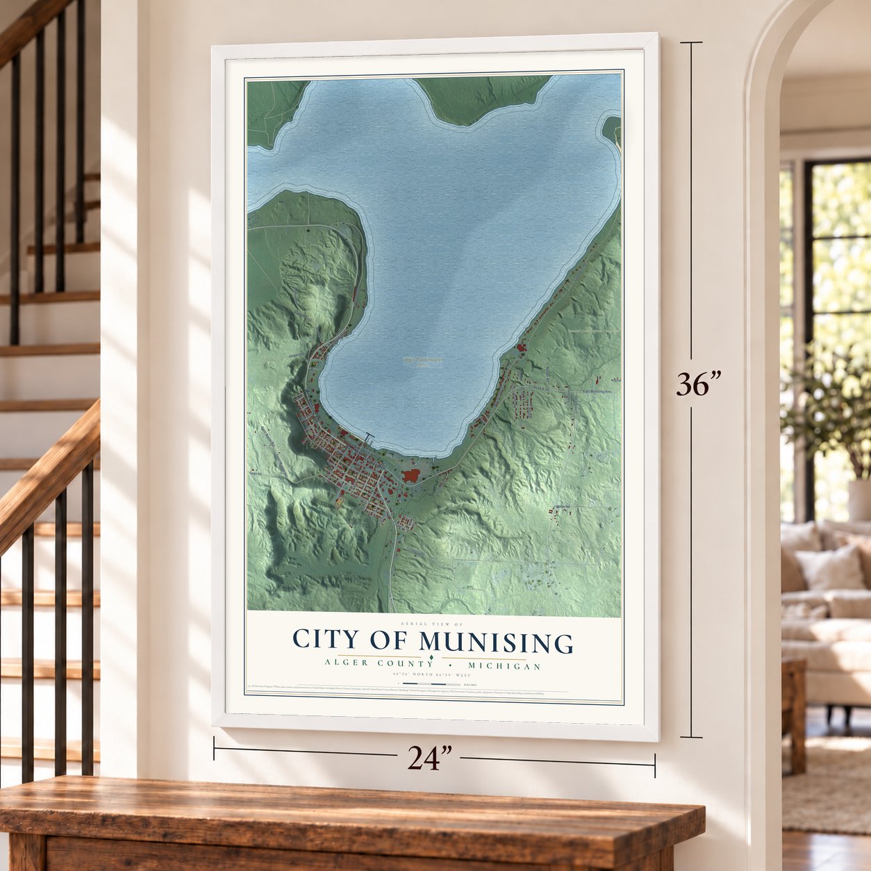 Munising, Michigan map, 24 x 36 inch print in a white frame by a staircase