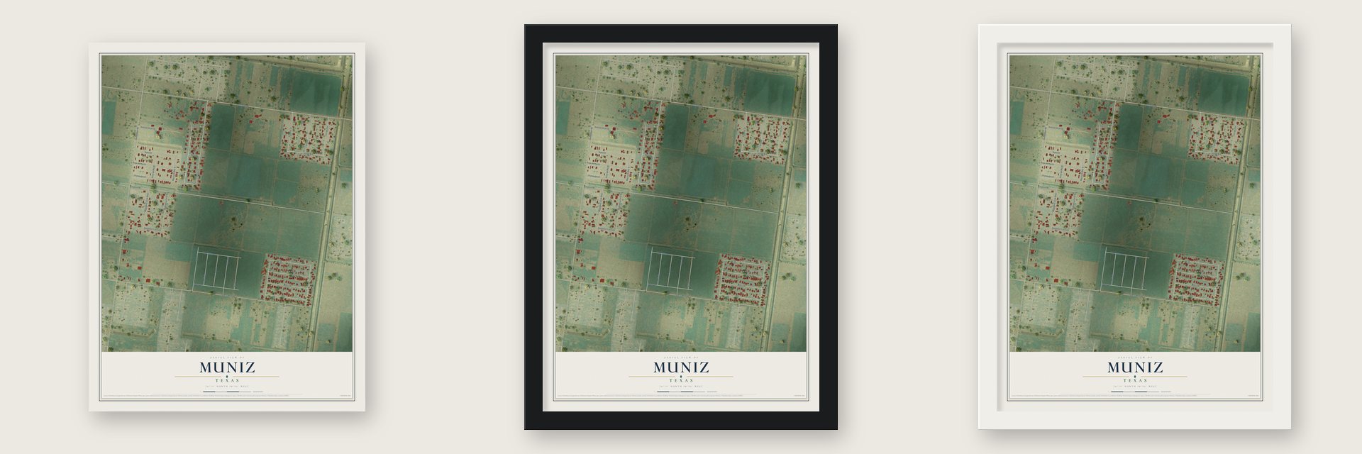 Muniz, Texas map unframed, in a black wood frame and in a white wood frame