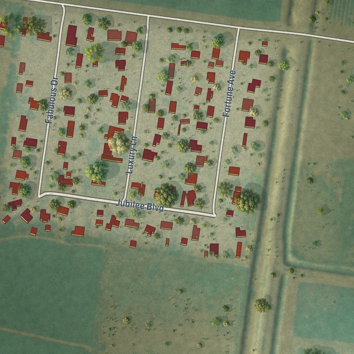 Second close-up of the map of Muniz, Texas print showing more streets and buildings
