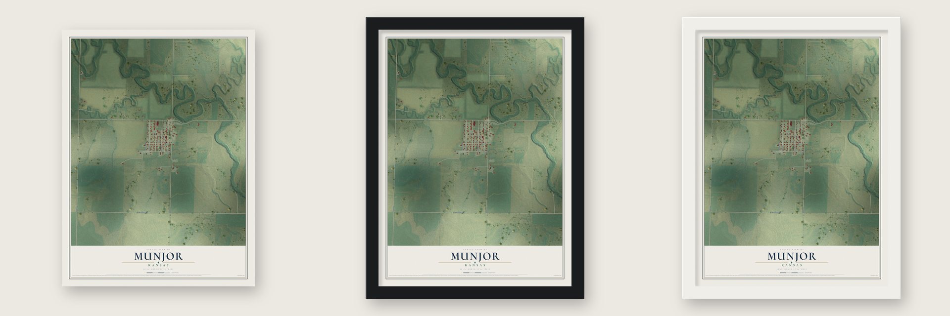 Munjor, Kansas map unframed, in a black wood frame and in a white wood frame