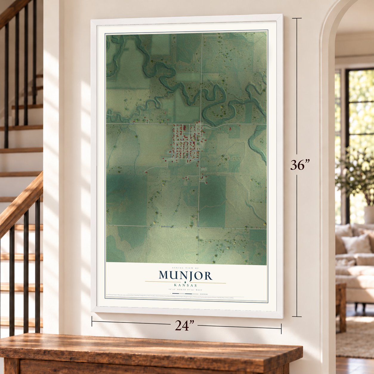 Munjor, Kansas map, 24 x 36 inch print in a white frame by a staircase