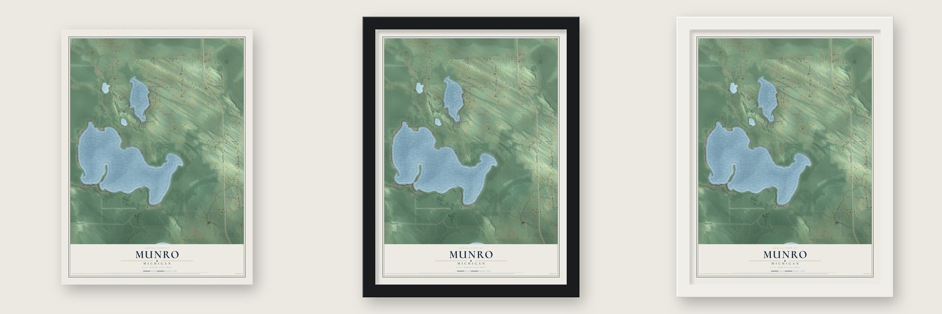 Munro, Michigan map unframed, in a black wood frame and in a white wood frame