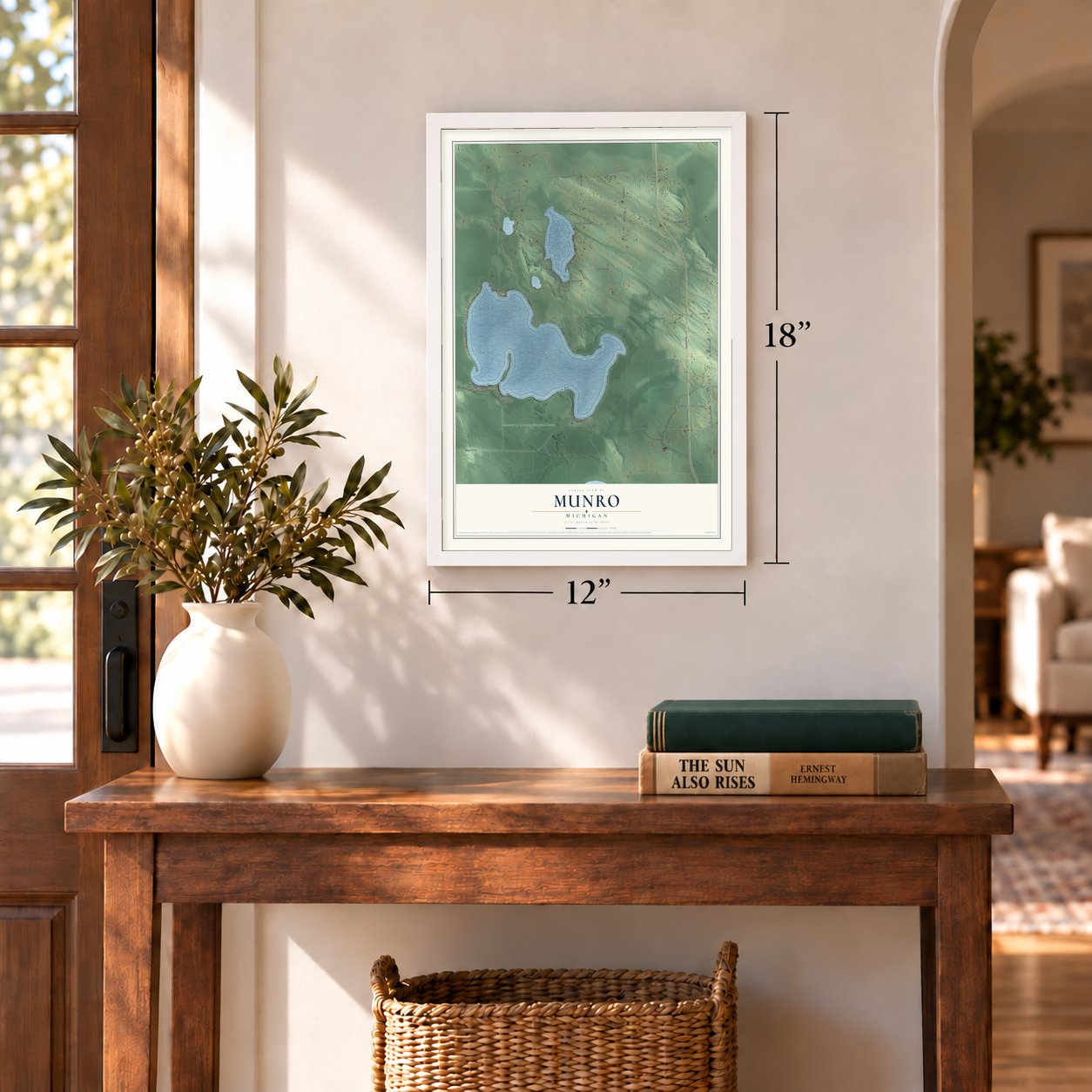 Munro, Michigan map, 12 x 18 inch print in a white frame in an entryway
