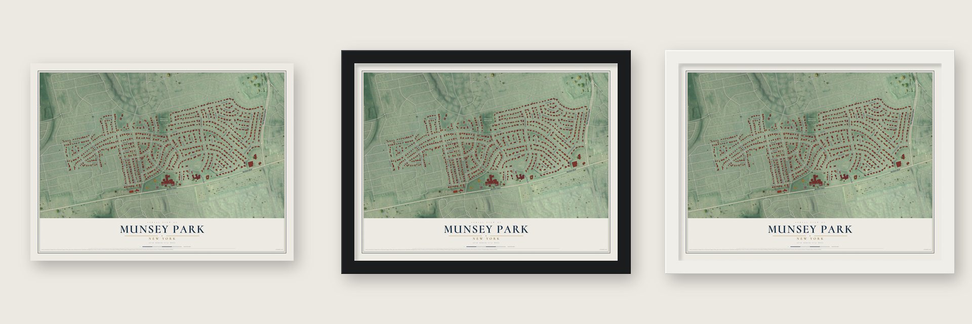 Munsey Park, New York map unframed, in a black wood frame and in a white wood frame