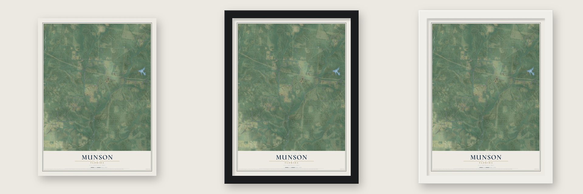 Munson, Florida map unframed, in a black wood frame and in a white wood frame