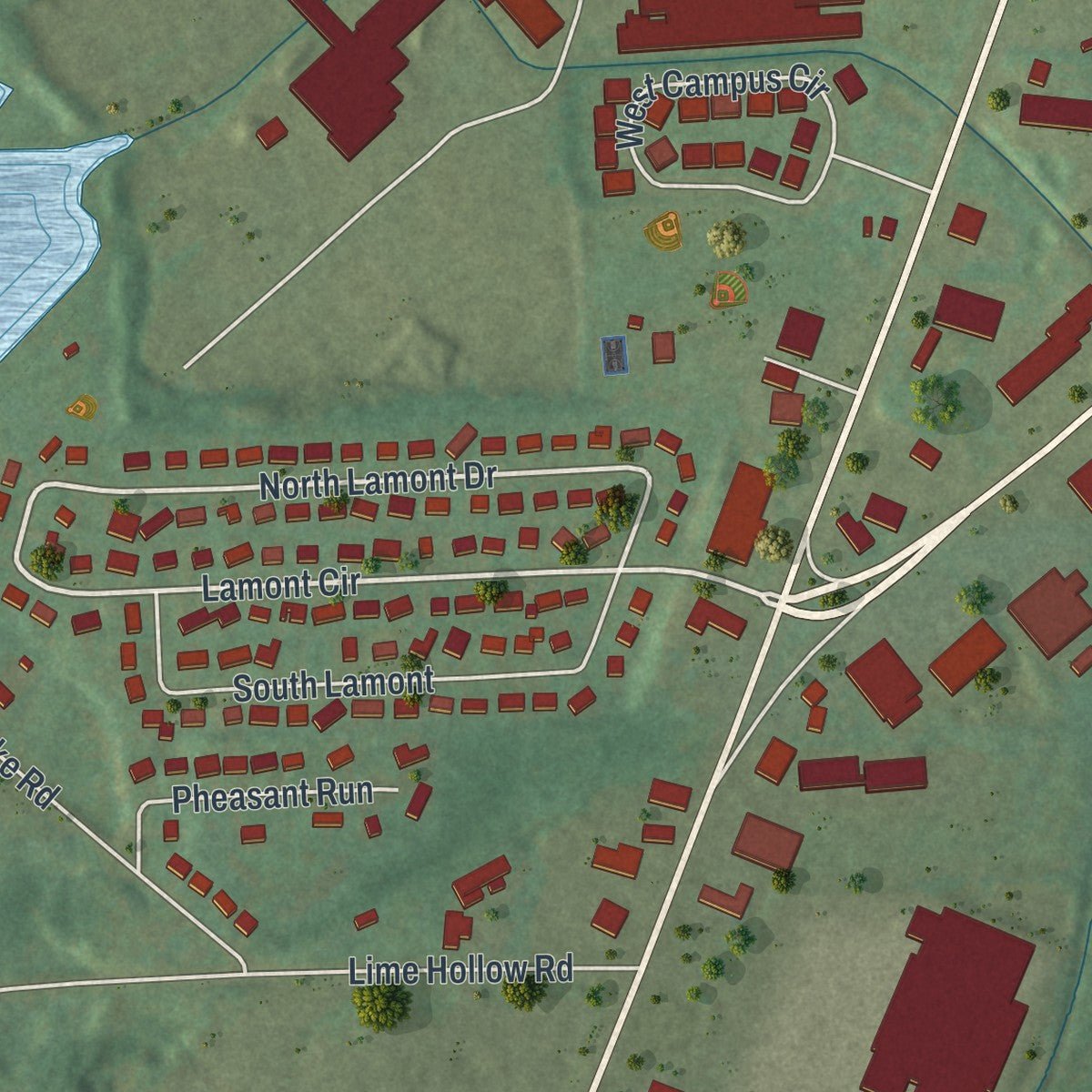 Second close-up of the map of Munsons Corners, New York print showing more streets and buildings