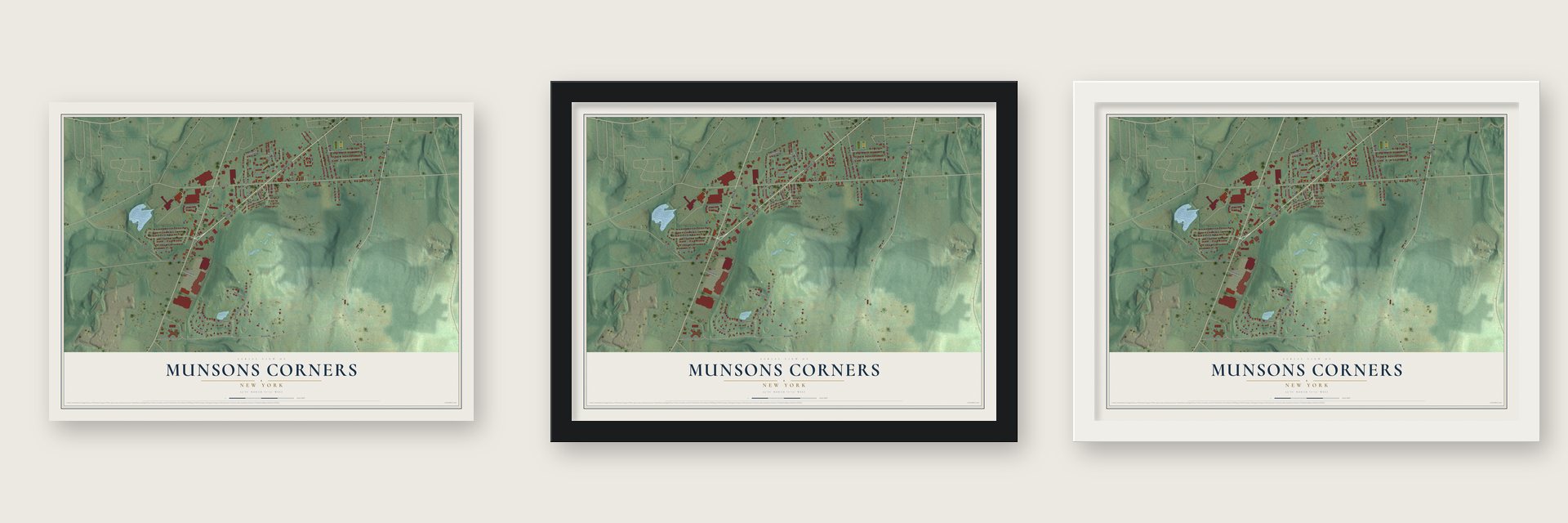 Munsons Corners, New York map unframed, in a black wood frame and in a white wood frame