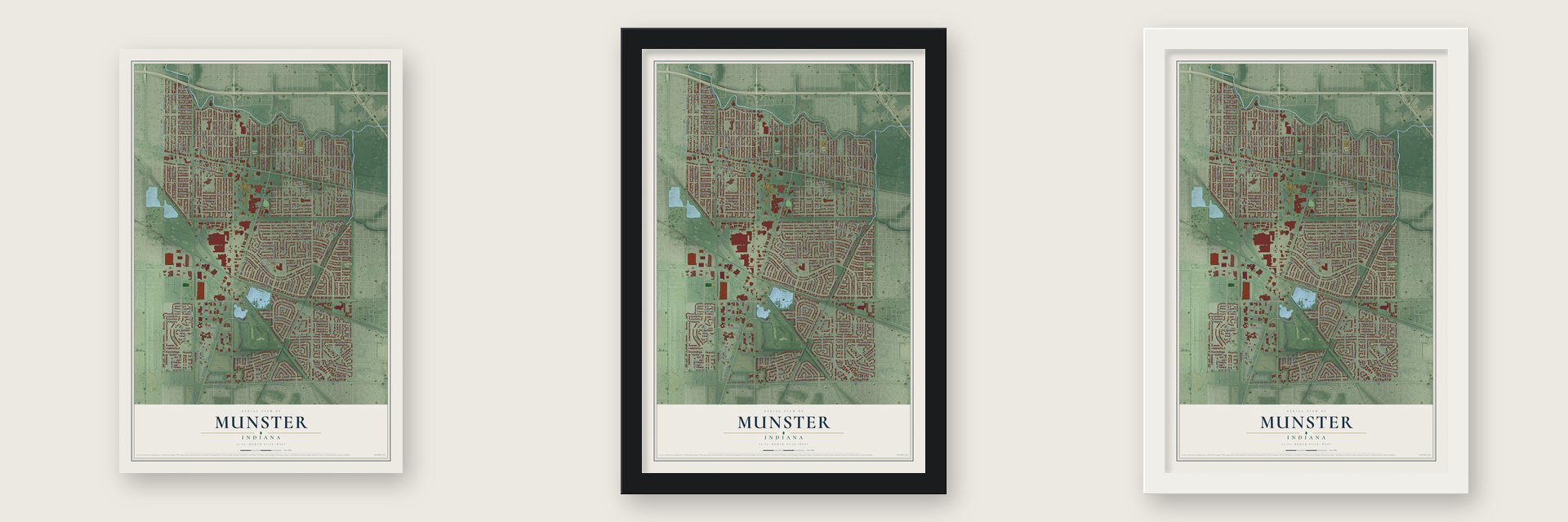 Munster, Indiana map unframed, in a black wood frame and in a white wood frame