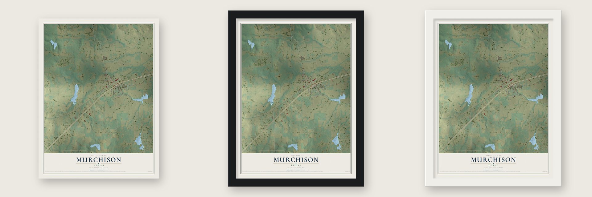 Murchison, Texas map unframed, in a black wood frame and in a white wood frame