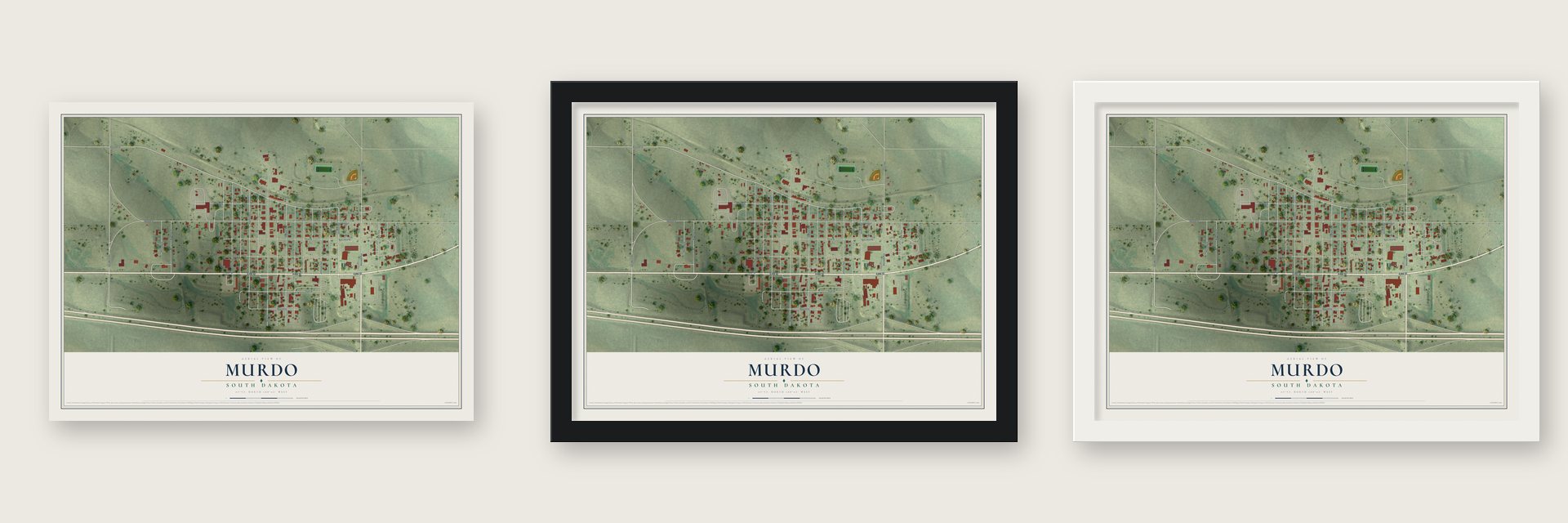 Murdo, South Dakota map unframed, in a black wood frame and in a white wood frame