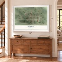 Murdo, South Dakota map, 24 x 36 inch print in a white frame above a dresser by a staircase
