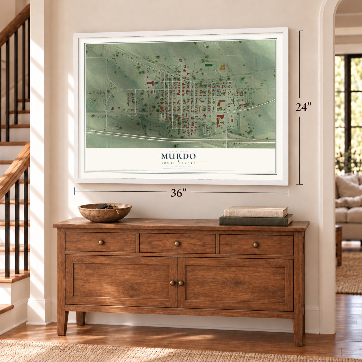 Murdo, South Dakota map, 24 x 36 inch print in a white frame above a dresser by a staircase