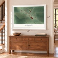 Murdock, Minnesota map, 24 x 36 inch print in a white frame above a dresser by a staircase