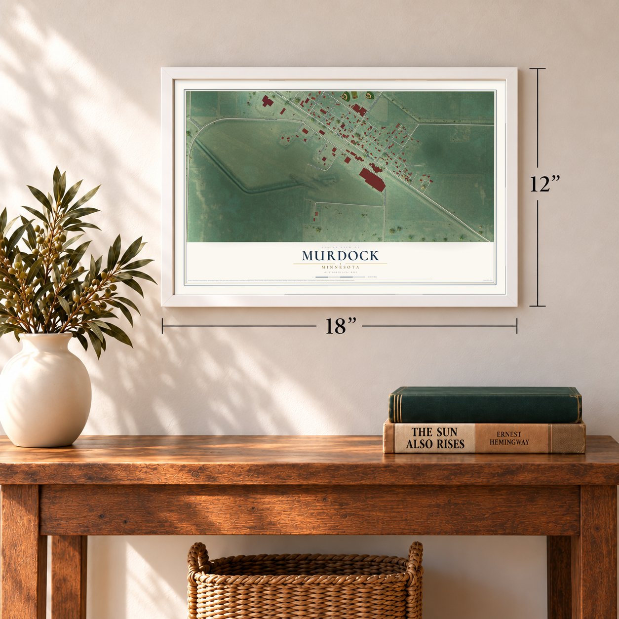 Murdock, Minnesota map, 12 x 18 inch print in a white frame in an entryway